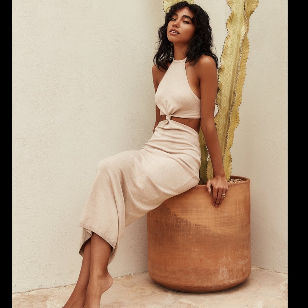 Miou Muse East Hampton Beige Knit Cutout Maxi Dress